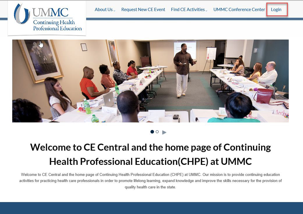 Screen shot of CE Central homepage with login link highlighed with red box